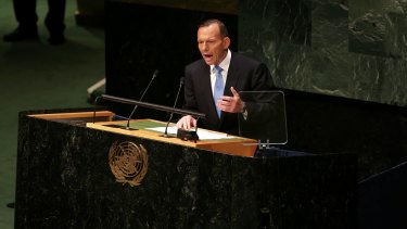 Prime Minister Tony Abbott, pictured at the UN General Assembly in New York last year, has been criticised in the US for his policies on asylum seekers.