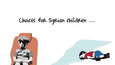 Khalid Albaih's cartoon comparing Omran Daqneesh with drowned toddler Alan Kurdi.
