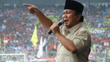 Indonesian presidential candidate Prabowo Subianto addresses a rally in Jakarta earlier this year.