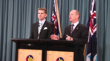 Queensland Attorney-General Jarrod Bleijie and Premier Campbell Newman announcing that the state's same-sex civil unions laws will not be completely repealed, but rather amended in line with other states.