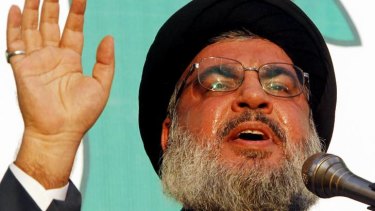 Rare appearance ... Sayyed Hassan Nasrallah protests against the anti-Islam video.