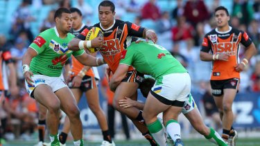 Gone too soon: Mosese Fotuaika in action for Wests Tigers against Canberra in last year's under-20s grand final.