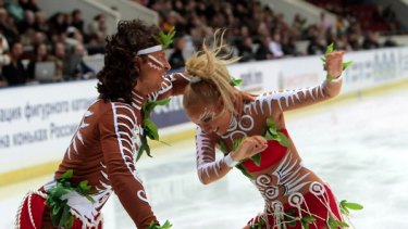 Russian ice dancers Oksana Domnina and Maxim Shabalin perform the routine that has angered indigenous Australians.