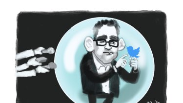 Twitter bubble. Dan Andrews in a bubble with a Twitter bird in his finger with his back to a pack of microphones, shunning media interviews. Illustration/ artwork/ cartoon for Jon Faine by Matt Davidson