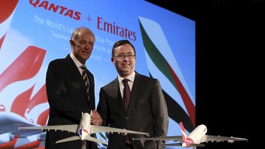 Tim Clark from Emirates and Allan Joyce from Qantas at yesterday's media conference.