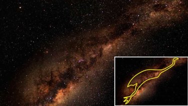How to find the emu in the sky: Find the dark patch of sky between the Southern Cross and the pointers. The dark area is known as the Coalsack by astronomers, which are dense clouds of interstellar dust. The Coalsack forms the head of the emu and stretching to the left is its long dark neck. Its roundish body is next to Scorpius and its legs are towards the horizon. Images: Barnaby Noris.