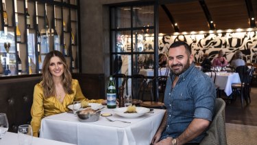 Kate Waterhouse has lunch with fashion designer Steven Khalil at Bistro Moncur, Woollahra. (Photo by Jessica Hromas/Fairfax Media)