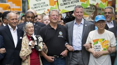 People's Climate March: (From left) French Foreign Minister Laurent Fabius, primatologist Jane Goodall, former US vice-president Al Gore, New York mayor Bill de Blasio, and UN Secretary General Ban Ki-moon.