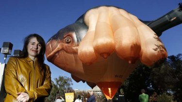 Patricia Piccinini with her work Skywhale at the National Gallery of Australia.