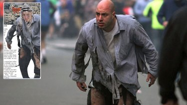 The iconic Kenshin Okubo photograph of Boston bombing victim James Costello and (inset) how The Daily Telegraph used it. 