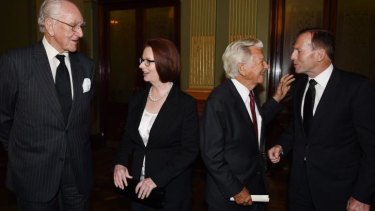 Former prime ministers  Malcolm Fraser, Julia Gillard, Bob Hawke and Tony Abbott at the memorial service on Wednesday.