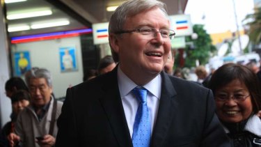 Getting into a blue ... Kevin Rudd in Hurstville on Wednesday.