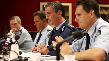 From right, AFP Police Commissioner Tony Negus,  NSW Police Commissioner Andrew Scipione, NSW Deputy Police Commissioner David Hudson and  SA Police Commissioner Gary Burns, at NSW Parliament House.