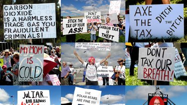All sorts: A selection of placards at yesterday’s anti-carbon tax protest at Parliament House.