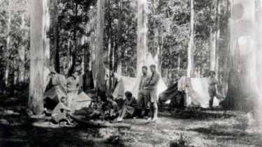 Carry on camping: A group of bush walkers pitch tent in the Grose Valley of the Blue Mountains in the early 1930s.