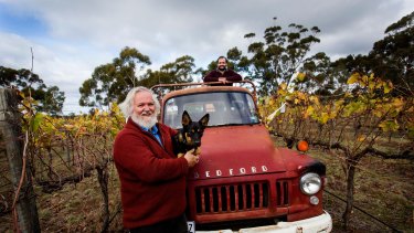 Brian Spencer, his son Spencer Page and dog Annie at the Shiraz Republic, their winery and brewery in the Heathcote wine region. 