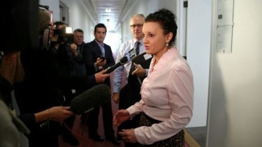 PUP senator Jacqui Lambie in Parliament House's press gallery on Thursday.