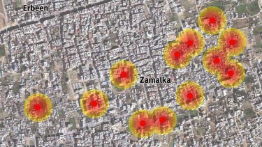 Map of the 330mm chemical rocket impact locations in Zamalka neighbourhood.