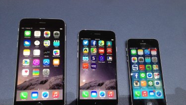 Left to right: The iPhone Plus, iPhone 6, and the older iPhone 5.