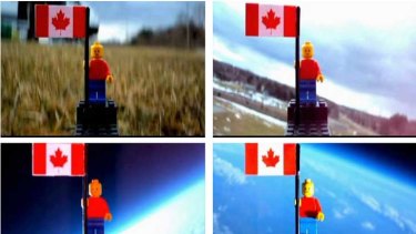 A Lego man is launched into space in this combination photo of still images taken from video.