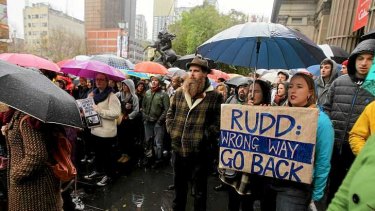 Protesters at a rally in the city against Prime Minister Kevin Rudd's new asylum seeker policy.