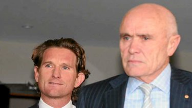 Bombers coach James Hird and club president Paul Little at an Essendon press conference in Melbourne on Wednesday.