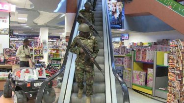 Military forces taking position inside the Westgate mall in Nairobi.