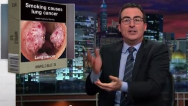 This Week Tonight's John Oliver explains Australia's plain packaging laws for cigarette cartons before introducing an alternative cigarette mascot - 'Jeff the Diseased Lung'.