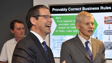 Minister for Broadband, Communications and the Digital Economy Stephen Conroy at Techfest 2012, with Terry Percival, director of the broadband and digital economy business team at NICTA.