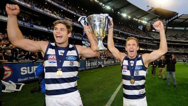 Geelong’s Tom Hawkins and Joel Selwood after their 2011 grand final win.