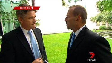 Channel Seven political editor Mark Riley (left) and Opposition Leader Tony Abbott during their controversial interview.