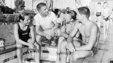 Mentor: Don Talbot at Bankstown Pool coaches Ilsa Konrads, Alan Kable and John Konrads in December 1957.