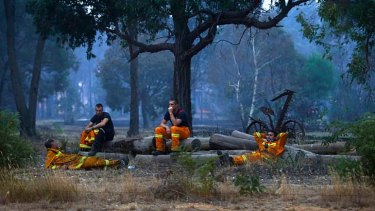 Firefighters at Dereel take a break after a long day.