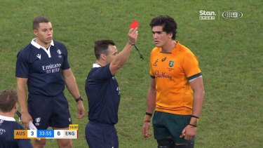 Darcy Swain is shown a red card for headbutting his England rival