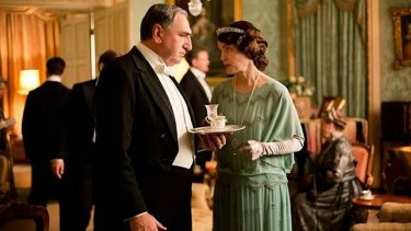 Charles Carson (left) with Cora Crawley, countess of Grantham, in the next season of <i>Downton Abbey</i>.