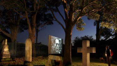 Chilly and chilling ... film festival director Phil Harding in St John’s Cemetery at Ashfield. Tonight  the atmospheric setting will host  the winter series of Cinema in the Cemetery.