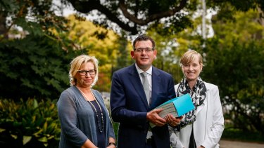 Premier Daniel Andrews with Rosie Batty and Fiona Richardson in March 2016.