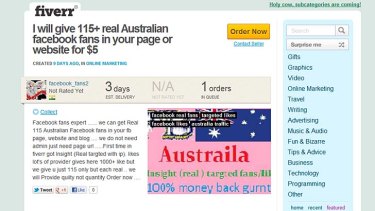One of fiverr.com's users offering 115 Australian Facebook likes for$5.