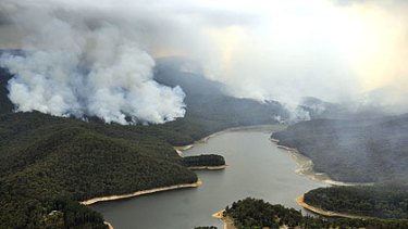 Bushfires burn around Maroondah Dam on February 11.