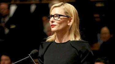 Cate Blanchett delivers her speech at the state memorial service for Gough Whitlam at Sydney Town Hall on Wednesday.