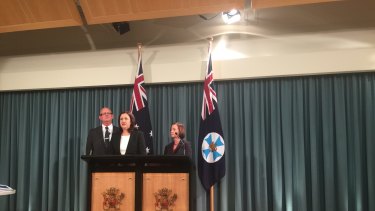 Police Minister Bill Byrne, Premier Annastacia Palaszczuk and Attorney-General Yvette D'Ath announce the outcome of the review of Queensland's anti-bikie VLAD laws.