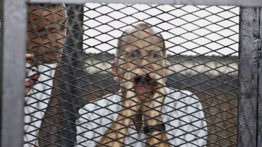 Australian journalist Peter Greste appears in the defendant's cage during his trial.
