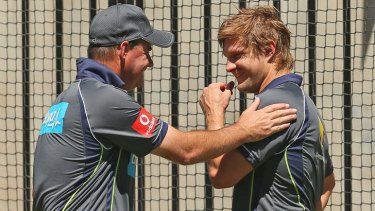 Australian coach Mickey Arthur in the nets with Shane Watson before the 2012 Boxing Day Test.