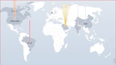 The DigitalAttackMap tracks DDoS attacks on a daily basis. The red flare over Brazil shows a serious DDoS attack. 