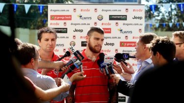 On the spot: Josh Dugan at a press conference for the Dragons on Friday.
