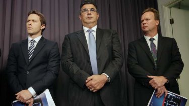 Home Affairs Minister Jason Clare, AFL chief executive Andrew Demetriou and Australian Rugby Union CEO Bill Pulver at the joint press conference on organised crime and drugs in sport.