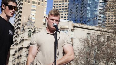 Blair Cottrell, who was briefly the head of the United Patriots Front, at a rally in Melbourne.