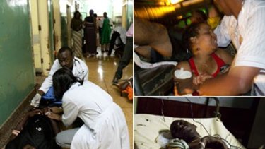 Paramedics attend to an injured man at Mulago Hospital in Uganda's capital Kampala (left), a man helps an injured woman (top), and an injured man lies in Mulago Hospital.