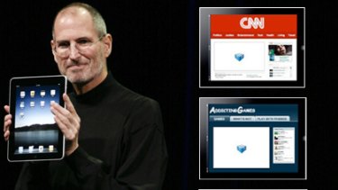 Apple CEO Steve Jobs holds up the iPad and, inset, some examples of web content that won't work on the iPad and iPhone.