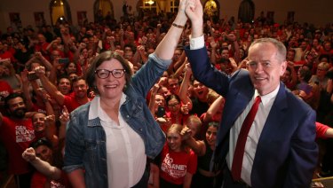 Labor's Ged Kearney celebrates her federal byelection win with Bill Shorten.